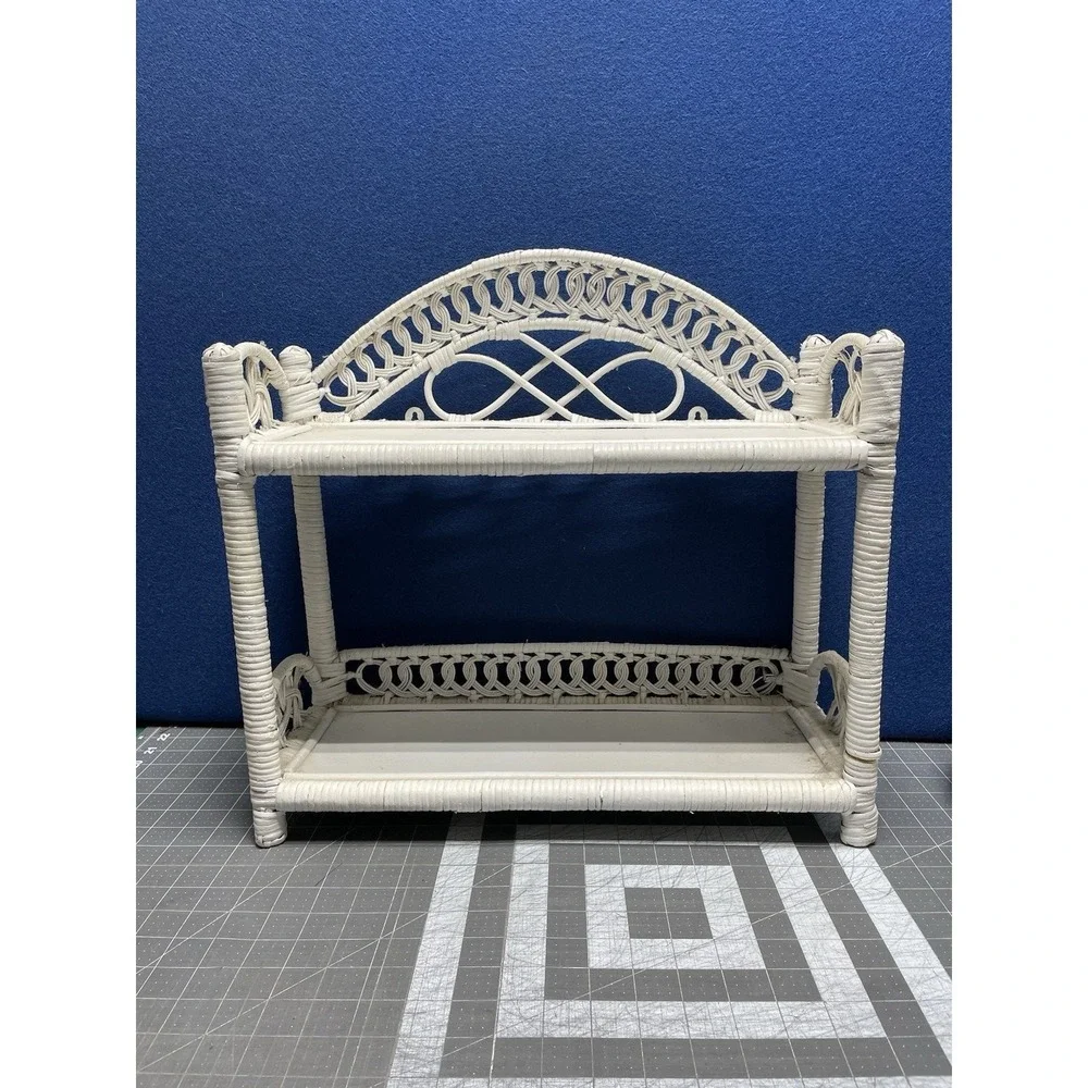 VTG White ~Wicker Rattan Shelf~ Boho 2 Tiered Standing/Wall Hanging Cottagecore